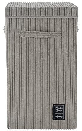 WENKO Wäschesammler Cora Grau, moderner Wäschekorb aus Flauschigen Cord, mit Klettverschluss-Deckel und 3 Tragegriffen, 63 Liter Fassungsvermögen, 33 x 58 x 33 cm, 100% Polyester