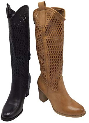 Stivali Primaverili Estivi da Donna Tacco Traforati Alti al Ginocchio Biker Moda G627 Nero Camel Estate Nuovi Tacco