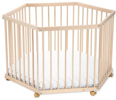 FabiMax Baby Laufgitter 6-eck, stufenlos höhenverstellbar, mit Schlupfsprossen, Laufstall aus massivem Buchenholz (Matratze Classic)