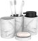 bonVIVO Badezimmer Set 4 TLG. mit Zahnputzbecher, Zahnbürstenhalter, Seifenschale und Seifenspender - Bad Zubehör Set mit edlen Accessoires in Marmor-Optik (Weiß mit Black)