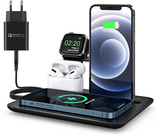 Wisam induktive Ladestation 4 in 1 Multifunktion, kabelloses Ladegerät 15W, Wireless Charger kompatibel mit iWatch, USB-C und Lightning