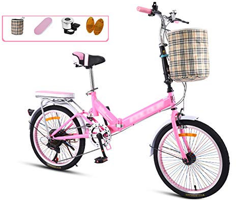 JHNEA 20 Zoll Faltrad Klapprad, 7 Gang Kohlenstoffstahlrahmen Fahrrad Klappfahrrad mit Komfortsattel Korb und Ständer Gepäckträger,Pink-B