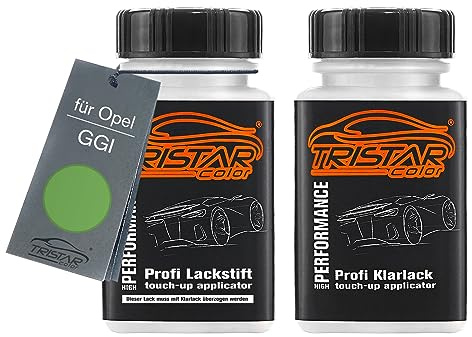 TRISTARcolor Autolack Lackstift für Opel GGI Matcha Green Perl Metallic +1K | Set aus Basislack + Klarlack, Lackfläschchen mit Pinsel, je 50ml