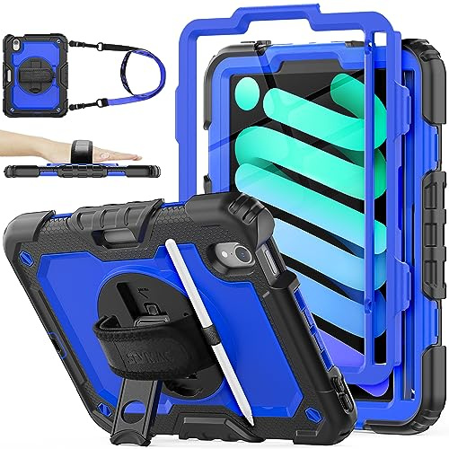 SEYMAC stock Case for iPad Mini 7 (A17 Pro)/Mini 6 8.3'' 2024/2021, Blue | Full-body Shockproof, with Screen Protector, 360° Rotating/Adjustable Stand/Hand Strap, Pencil Holder & Shoulder Strap