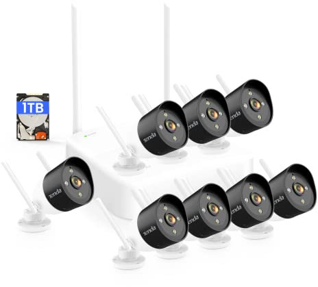 Tenda 2K Kit de Camara Vigilancia WiFi Exterior/Interior sin Cables - 8X 3MP Cámara Seguridad IP de Visión Nocturna en Color con Grabador 8CH 1TB HDD NVR CCTV, Audio Bidireccional, K8W-3TC-1T
