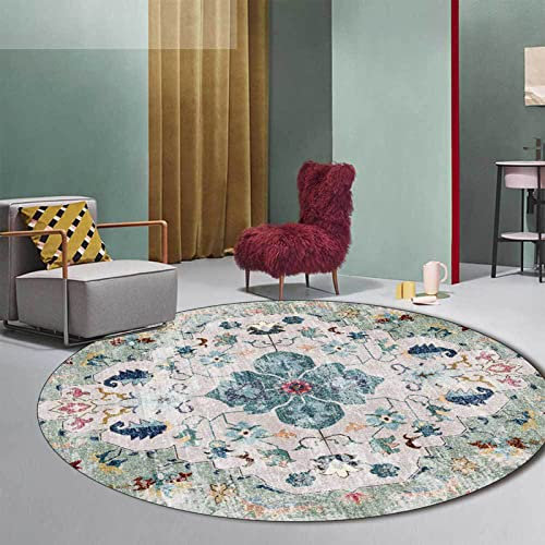 Designer Teppich Rund Kurzflor Moderner Orientteppich Klassisch Gemustert Ornamente für Wohnzimmer Schlafzimmer Kinderzimmer,Hellgrüner bunter Vintager mit Blumenentwurf Round ø200cm