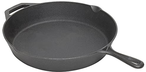 12 Cast Iron Skillet (Black), By Home Basics | Frying Pan For Pancakes, Meat, and Fish | Large Skillet For Stovetop and Campfire | Nonstick With Pour Spouts