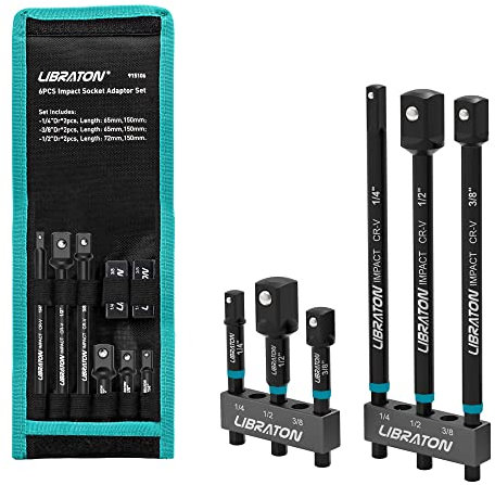Libraton Impact Socket Adapter Set, 3 & 6, Drill Socket Driver Converter and Extension, Impact-Grade Hex Shank Adapter Kit with Storage Bag