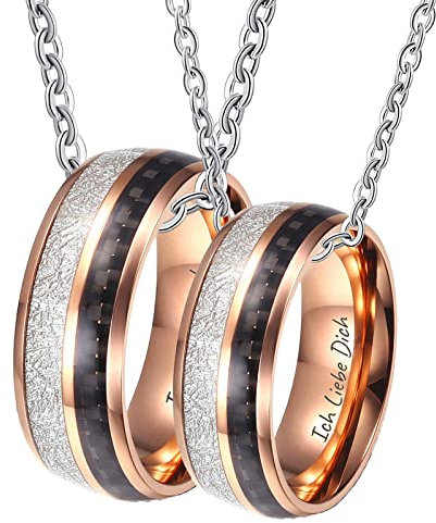 Bishilin Partnerkette mit Wunschgravur, Pärchen Halskette Ringe Rosegold 8MM mit Metallfolie und Kohlefaser Charms Anhänger Kette Silber 60CM
