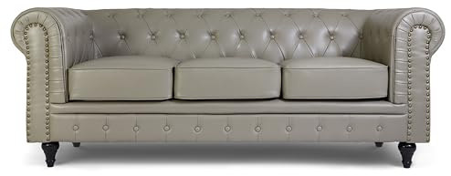 Bravich Chesterfield Sofa | 3 Seater Settee | Faux Bonded Leather | Foam Seat Cushions | Scroll Arms | Button Studded Back | Living Room Bedroom Conservatory | Grey | 205x90x78cm