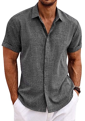 COOFANDY Men's Beach Linen Shirt Business Shirts Fitted Casual Shirt Short Sleeve Summer Vacation Dark Grey