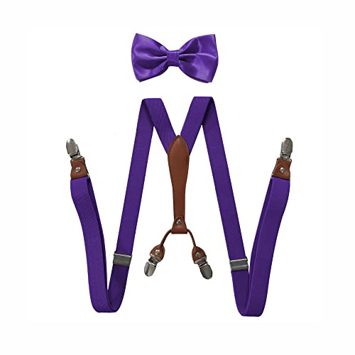 BaronHong Conjunto de tirantes con corbata de lazo para mujeres y hombres de 1 pulgada de ancho en forma de Y con 4 clips ajustables para eventos formales y de boda, morado oscuro, M