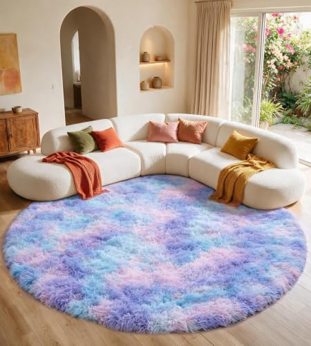 MARATIP Teppich Kinderzimmer Batik Blau-Lila Ø 100 cm Kuschelig | Hochflor-Teppich, waschbar, rutschfest, kuschelig. Ideal für Schlafzimmer, Spielzimmer und Wohnbereich.