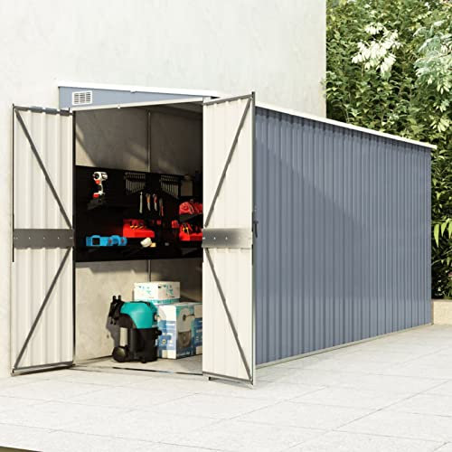 Keketa Wand Geräteschuppen Gerätehaus Gartenhaus Metall Gartenschuppen Garten Schuppen Gartenschuppen mit Schrägdach Geräteschrank für Garten Grau 118x382x178 cm Verzinkter Stahl