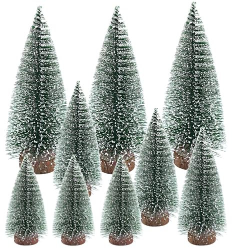 9pcs Mini Christmas Trees,Cedar,Snow Frost Trees,Artificial Snow Frost Trees,With Wooden Base,Table Top Small Christmas Tree,Winter Snow Ornaments,For Christmas Party(10cm/15cm/20cm)