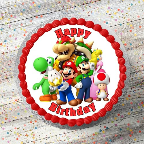 Mario Style Theme Pre Cut Edible Icing Cake Topper 7.5 Inch Round Cake Decoration