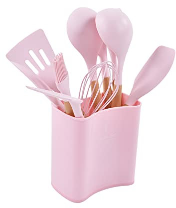Ustensiles De Cuisine En Silicone, Ensemble D'ustensiles De Cuisine 13 Pièces Ensemble D'ustensiles En Silicone Rose Manche En Bois Cuillère Spatule Pince Tournante Pour la Cuisson, la Cuisine Et le M