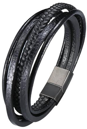 Bishilin Herren Armband Leder Schwarz 16.5CM, Partner Armbänder Personalisiert Mehrschichtig Geflochten Lederarmband Männer Gravur mit Magnetverschluss