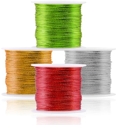 Swpeet 4 cordoncini elastici metallici, 4 colori, 0,7 mm, 91 m, filo metallico, ideale per confezioni regalo, gioielli natalizi