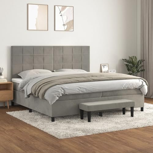 Homgoday Boxspringbett mit Matratze Polsterbett Doppelbett Einzelbett Bett mit Lattenrost & Bettbank Gästebett Bettgestell mit Kopfteil Block mit Quadraten Hellgrau 200x200 cm Samt