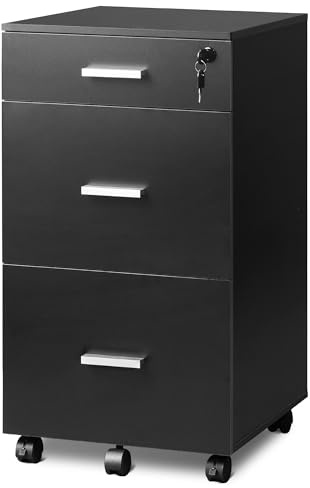 DEVAISE 3 Drawer Filing Cabinet, Lockable File Cabinet, Under Desk Drawers with Storage, Wood Fits Letter / A4 Size for Home Office, Black