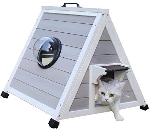 Deblue Outdoor Cat House for Feral Cats, Weatherproof Wooden Cat House for Small Pets, Unique Cat Shelter with Escape Door, Clear Window-Grey