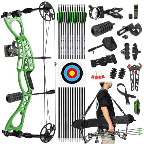 SHARROW Compoundbogen Set 0-70lbs Einstellbare Jagd Compound Bogen und Pfeile Set für Erwachsene und Anfänger Outdoor-Schießen Bogenschießen Set LH/RH (Grün, Rechtshänder)