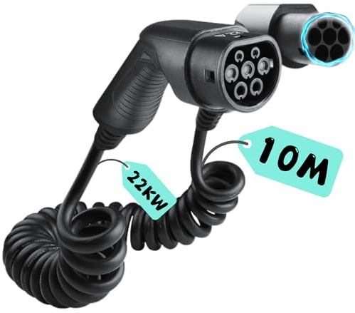 LDY Typ 2 Spiralladekabel 22 kW, Extra langes 10 Meter Kabel für Auto EV/PHEV, Ladekabel für E-Auto und Plug-in-Hybrid (PHEV) 5m /32a / Spiralkabel 3 phasig, Typ 2 Ladekabel Spiral