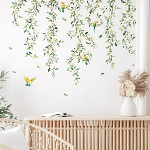 Tanlaby Flores de Vid Colgante Pegatinas de Pared Planta Verde Adhesivos Pared Hojas Flores Pájaros Vinilos Decorativos para el dormitorio Sala de estar Oficina TV Fondo del sofá