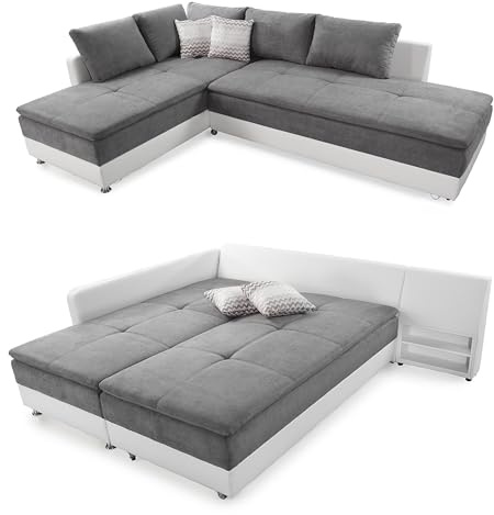 luma-Home 15104/ Ecksofa-Dauerschläfer, Hellgrau/Weiß, Schwenkteil rechts | B306/T223/H95 cm, Doppelbett, Boxspring 7-Zonen-Tonnentaschenfederkern, Topper, Bettkasten,Regal, Bezug Mikrofaser/Kunstleder