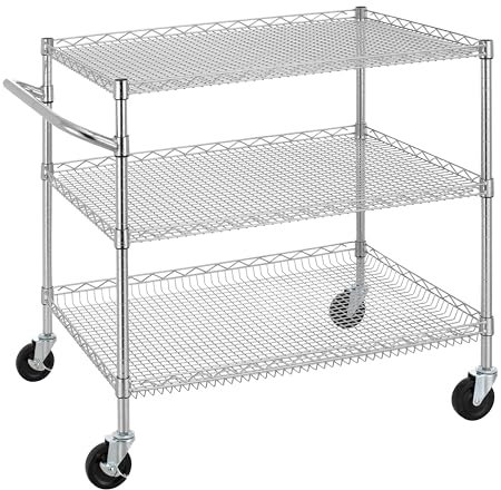 Finnhomy 3 Tier Heavy Duty Commercial Grade Utility Cart, Wire Rolling Cart with Handle Bar, Steel Service Cart with Wheels, Kitchen Carts on Wheels, Metal Cart Shelf Size 24 D x 36 W, NSF, Chrome
