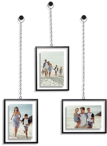 Americanflat Metal Floating Frame with Chain - Set of 3 - Use as 4x6 Picture Frame - Pressed Flower Display for Wall Decor - Elegant Black Molding with Shatter-Resistant Glass