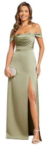 Ever-Pretty Vestido de Dama de Honor Elegante con Abertura Cintura Imperio Fiesta de Satén Boda Verde Salvia 36