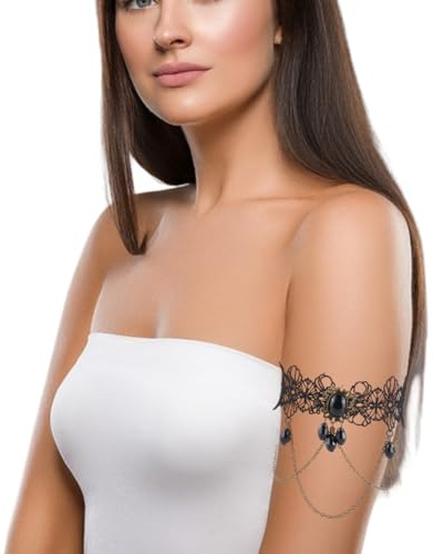 GORGECRAFT 2 Brazalete Gótico con Cadena para la Parte Superior del Brazo Colgante Negro de Cristal Pulsera de Aleación Punk Ajustable Brazalete Abierto con Borla de Poliéster Verano Playa Brazalete