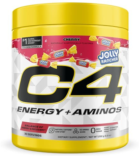 C4 Energy + Aminos Powder Jolly Rancher Cherry, 5g BCAAs & EAAs for Muscle Recovery, 3 Electrolytes for Hydration, 100mg Natural Caffeine, Pre Workout, Zero Sugar, 30 Servings