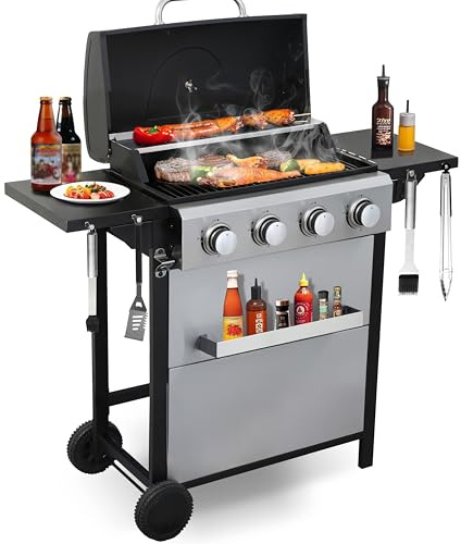 GRILL DEPOTS 4-Burner Propane Gas Grill, Stainless Steel Control Panel, Easy Ignition, Temperature Gauge, 2-Enameled Cooking Grids, Portable With Wheels For 34,200 BTU Outdoor Barbecue BBQ Grill