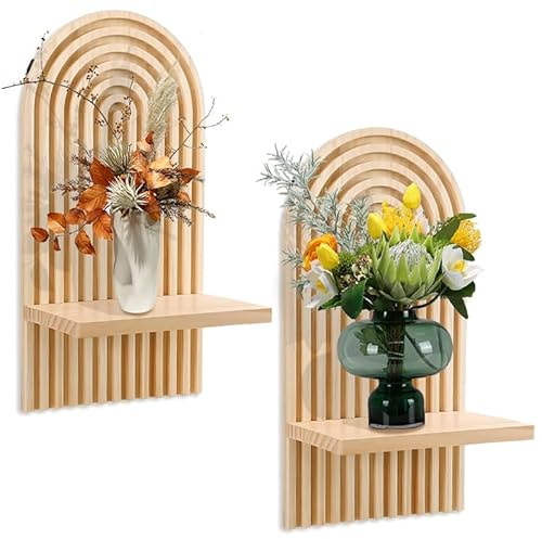Cptoion 2 Stück Wandregal Holz Boho Wanddeko, Holzfarbe, Klein | Boho Holz Regenbogen Wandregale, Wand Regale Pflanzregal for Wohnzimmer, Schlafzimmer, Kinderzimmer, Flur