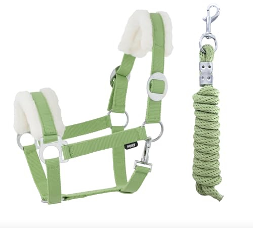 JA Horse JA4003 Comfort Halfter Set Karabinerhaken, Grün, Full | Comfort Pferdehalfter mit Kunstfell Führstrick Set, verstellbar mit Karabinerhaken für Pferd Holzpferd