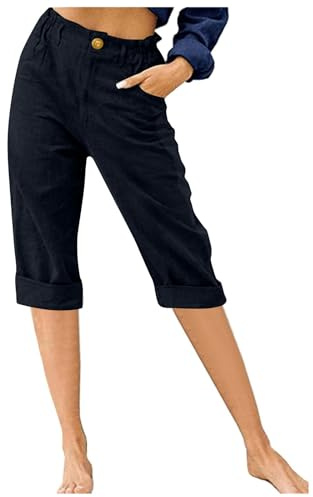 Generisch 3/4 Hose Damen Leinenhose Mode Sommerhose Leinen Cargohosen Leicht Teenager Mädchen Jogginghosen Sporthose Boulderhose Pumphose Outdoor Hose Marine M