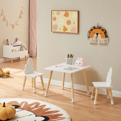 [en.casa] Set di 3 Mobili per Bambini Tavolino e 2 Sedie con Schienale a Forma di Nuvola per Cameretta Area Gioco Tavolo Rettangolare a Misura di Bimbi - Bianco/Naturale