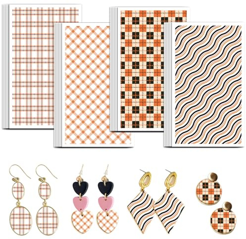 OLYCRAFT 24pz 4 Stile Carta da Trasferimento in Argilla A Quadri Arancioni Fogli Strisce Ondulate Arancioni e Nere Fogli di trasferimento in Argilla polimerica per Orecchini e Creazione di Gioielli
