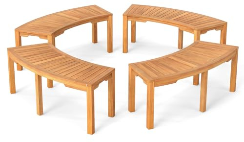 Gebogene Outdoor-Bank aus Akazienholz, rückenfrei, Feuerstelle, Loveseat mit Lattensitz, rustikale 2-Personen-Sitzgelegenheit für Veranda, Hinterhof, Terrasse und Deck – perfekt für Bäume