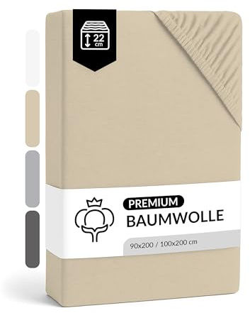 LARAWELL Spannbettlaken 90x200cm Baumwolle, bis 100x200, beige, Spannbetttuch aus extra dickem Premium Jersey (gekämmt), Matratzenhöhe bis 22 cm, bügelfrei, atmungsaktiv, formstabil
