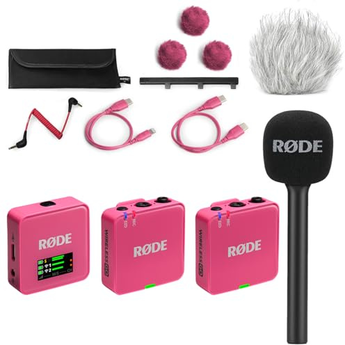 Rode Wireless GO Gen 3 - Sistema radio wireless a 2 canali, colore: Rosa con intervista GO adattatore manuale e protezione antivento Keepdrum