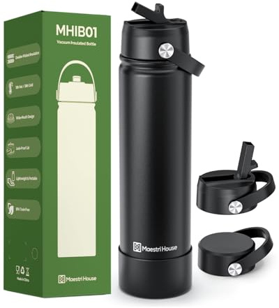Maestri House 750ml Insulated Water Bottle, Leakproof Bottle with 2 Lids (Straw & Spout), Keep 10H Hot 24H Cold, BPA-Free, Stainless Steel Bottle for Gym Travel Cycling (Black)