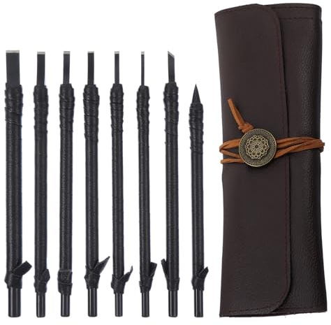 SMASOLO Cinceles para Tallar Madera 8 Piezas de Tungsteno Funda de Cuero Buriles para Grabado en Piedra y Madera Herramientas de Escultura para Artesanía y Manualidades