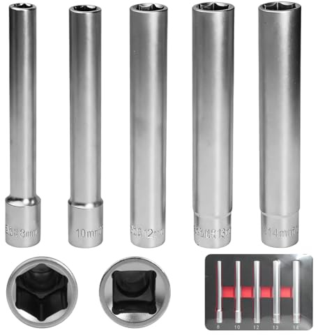 RowGlow 5 st uttag glödstift 8 mm 10 mm 12 mm 13 mm 14 mm 3/8 tum mutter 8 10 12 13 14 mm hexagon 3/8 tum lång 120 mm hylsnyckel glödstift för bil kromvanadin-stål (5 st)