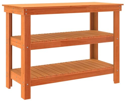 Banco da lavoro marrone cerato in legno massello di pino, 110,5 x 50 x 80 cm, con ripiano e scaffale, per officina, garage, sala hobby, tavolo da lavoro stabile, per fai da te e fai da te