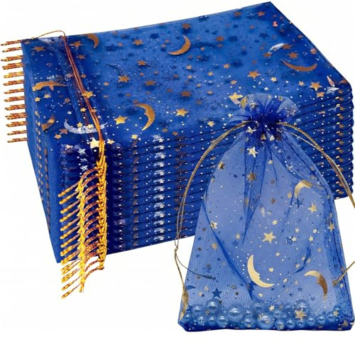 50 äkta blå organzapåsar 9 x 12 cm med guldtryck, presentpåsar för smycken och kommunikation, bröllop eller dop, små tygpåsar med dragsko