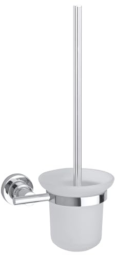 tesa LUUP WC-Garnitur, satiniertes Glas und verchromter Edelstahl - Toilettenbürsten-Set zur Wandbefestigung ohne Bohren, inkl. Klebelösung - 385mm x 160mm x 120mm
